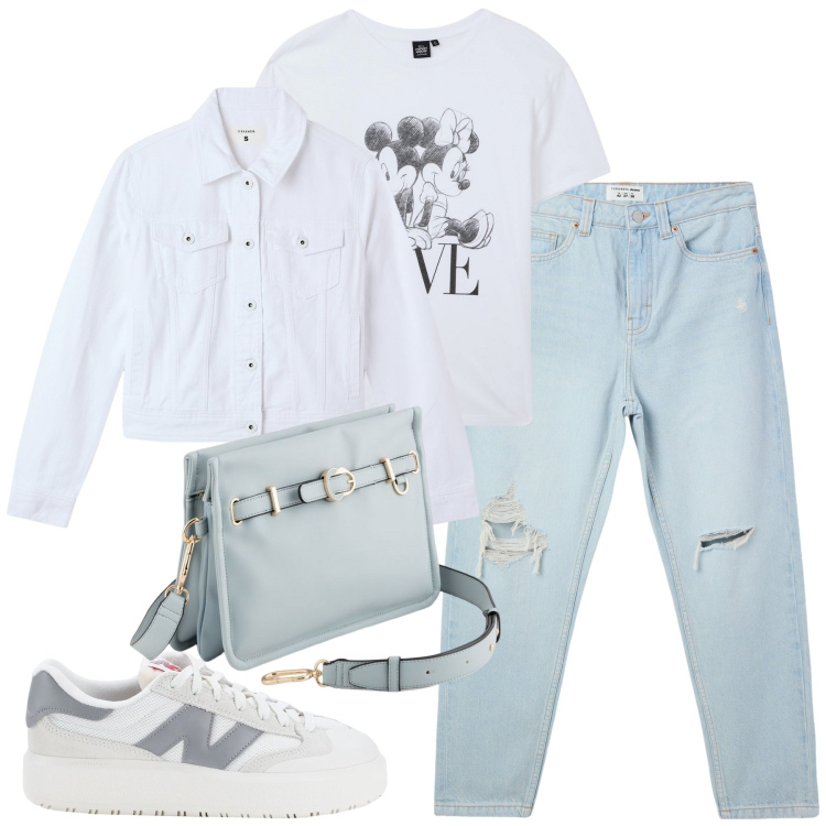 Outfit donna - City. Stile Casual per Tutti i giorni. Abbinamento con sneakers, jeans mom, blazer, t-shirt, borse a tracolla.