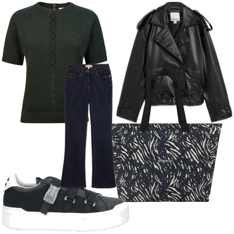 Outfit donna - Shopping. Stile Casual chic per Tutti i giorni. Abbinamento con trench, jeans bootcut, sneakers, shopping bag, maglieria.