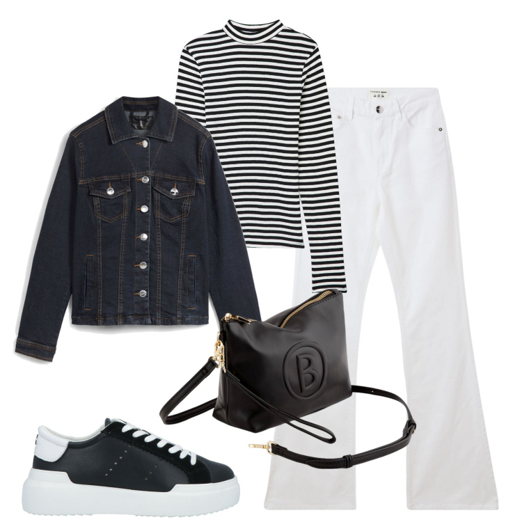 Outfit donna - City. Stile Casual per Tutti i giorni. Abbinamento con blazer, sneakers, jeans a zampa, t-shirt, valigie.
