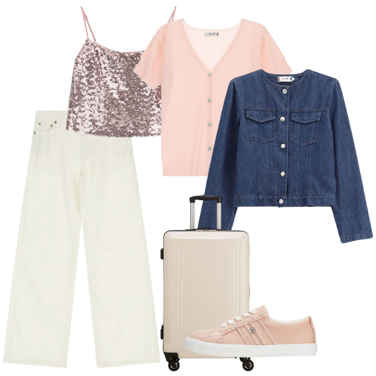 Outfit donna - Please - Ispirazione Saint-Tropez SS25. Stile Basic per Tutti i giorni. Abbinamento con cardigans, pantaloni, top, blazer, sneakers, valigie.