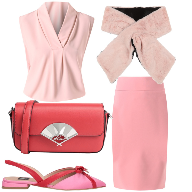 Outfit donna - Rosa col rosso. Stile Bon Ton per Ufficio. Abbinamento con ballerine, sciarpe, borse a tracolla, gonne, bluse.