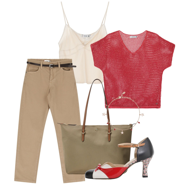 Outfit donna - Please - Ispirazione Saint-Tropez SS25. Stile Casual chic per Tutti i giorni. Abbinamento con braccialetti con ciondoli, maglieria, pantaloni, top, décolleté, borse tote.