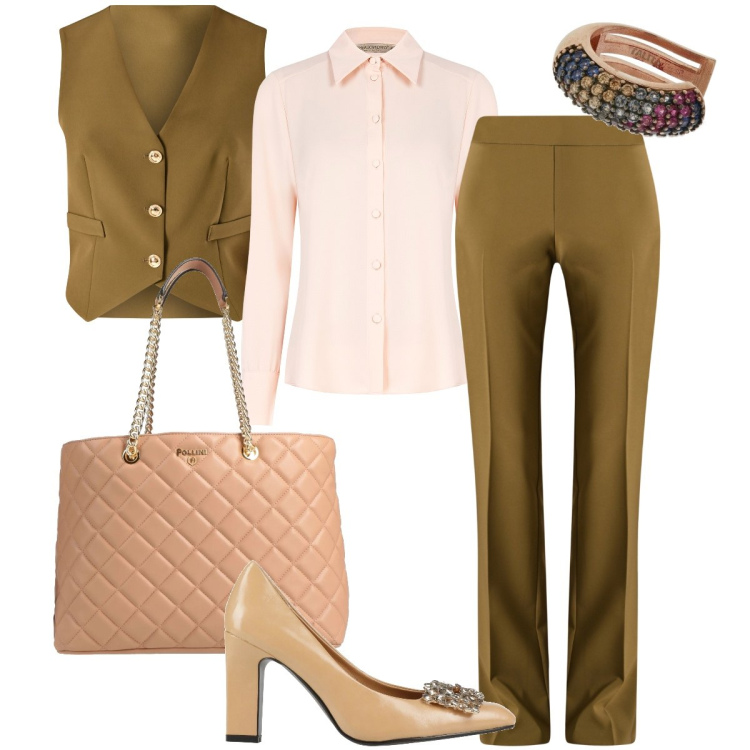 Outfit donna - Il completo verde oliva. Stile Bon Ton per Cerimonia. Abbinamento con décolleté, borse a mano, gilet, pantaloni, camicie, orecchini.