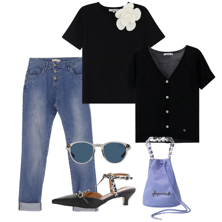 Outfit donna - Please - Ispirazione Saint-Tropez SS25. Stile Casual chic per Tutti i giorni. Abbinamento con décolleté, borse a secchiello, jeans slim fit, t-shirt, cardigans, occhiali da sole.
