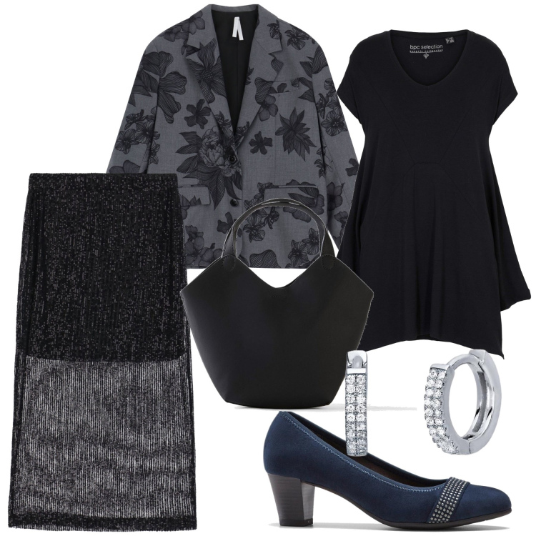 Outfit donna - Cena al ristorante del sabato sera. Stile Bon Ton per Serata fuori. Abbinamento con décolleté, top, borse a mano, orecchini, gonne longuette, blazer.