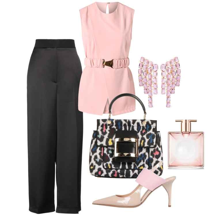 Outfit donna - La borsa arlequine. Stile Glamour per Cerimonia. Abbinamento con décolleté, borse a mano, pantaloni, profumi, bluse, orecchini.