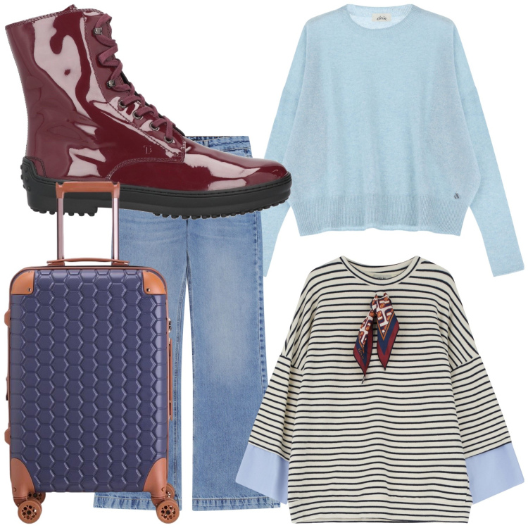 Outfit donna - Partenza. Stile Trendy per Tutti i giorni. Abbinamento con stivaletti, jeans, felpe, pullovers, valigie.
