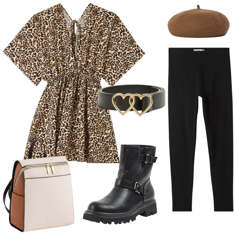 Outfit donna - Feline chic: stile selvaggio con eleganz. Stile Casual chic per Tutti i giorni. Abbinamento con cinture, leggings, caftani, stivaletti, cappelli e berretti, zaini.