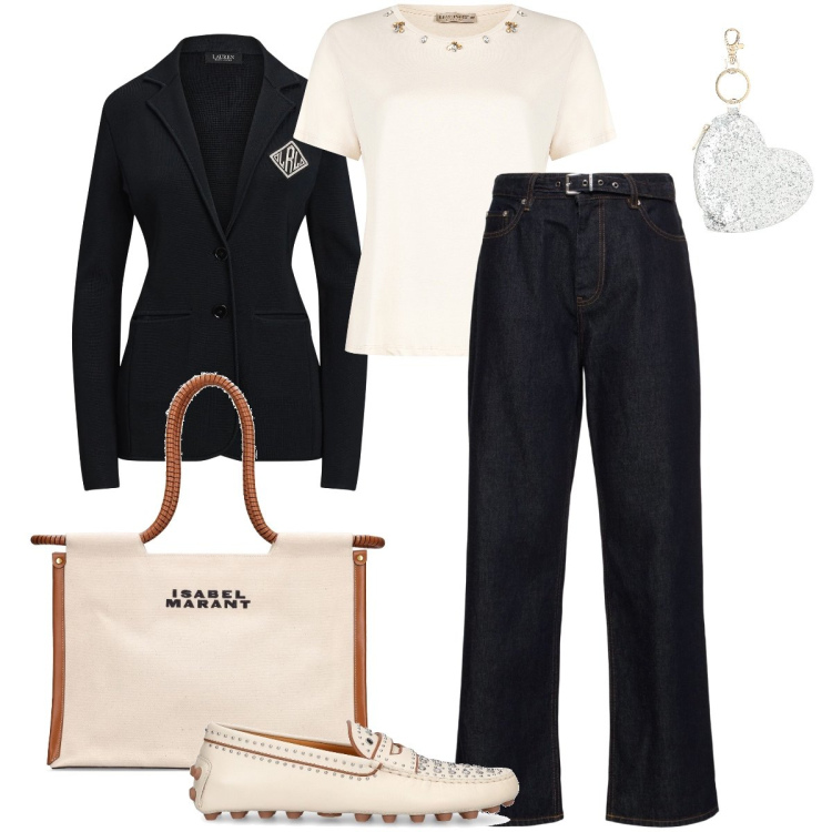 Outfit donna - La t-shirt con decori. Stile Trendy per Tutti i giorni. Abbinamento con blazer, portachiavi, t-shirt, shopping bag, jeans dritti, mocassini.