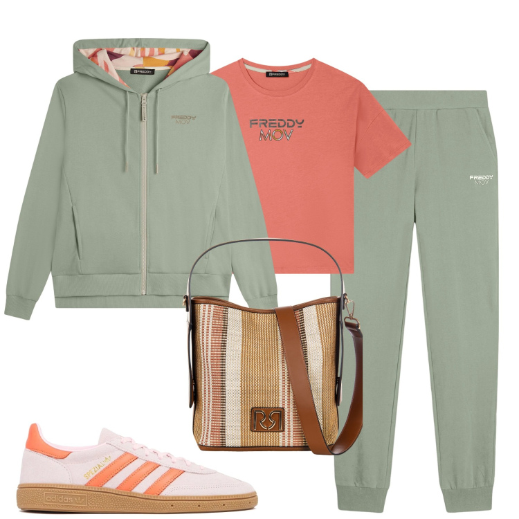 Outfit donna - Freddy. Stile Casual per Tutti i giorni. Abbinamento con borse a secchiello, t-shirt, pantaloni, felpe con cappuccio, sneakers.