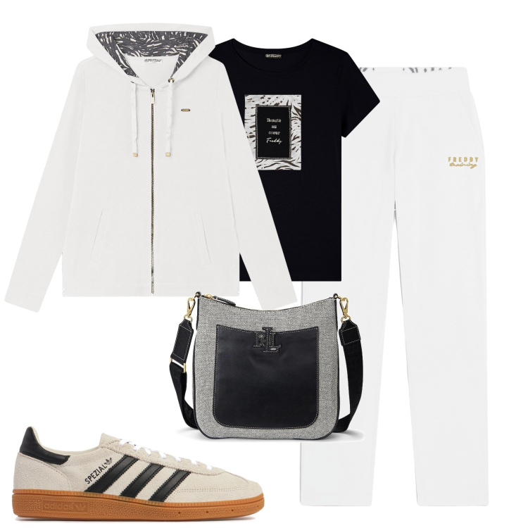 Outfit donna - Freddy. Stile Casual per Tutti i giorni. Abbinamento con borse a tracolla, pantaloni, felpe con cappuccio, t-shirt, sneakers.