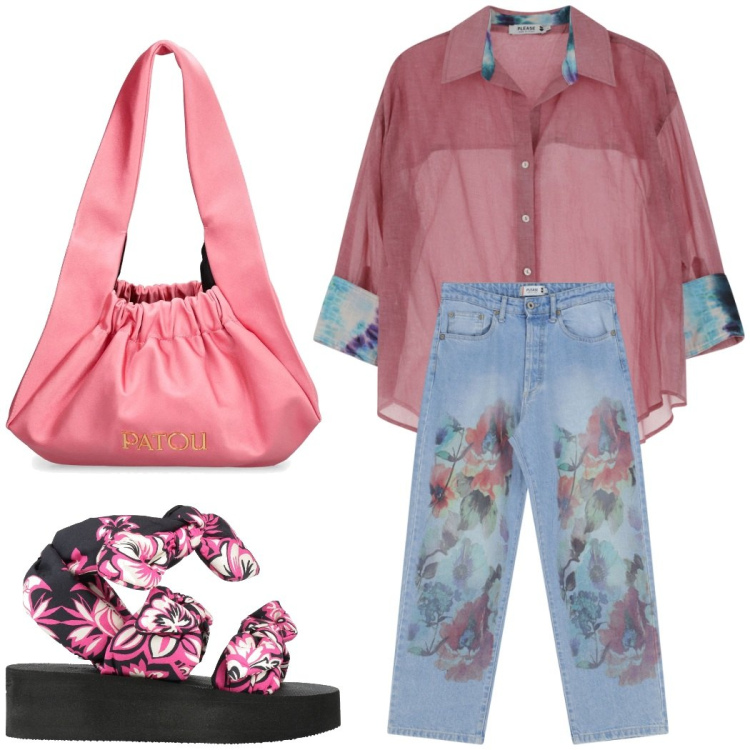 Outfit donna - Fiori protagonisti. Stile Casual chic per Tutti i giorni. Abbinamento con sandali col tacco, jeans dritti, camicie, borse a spalla.