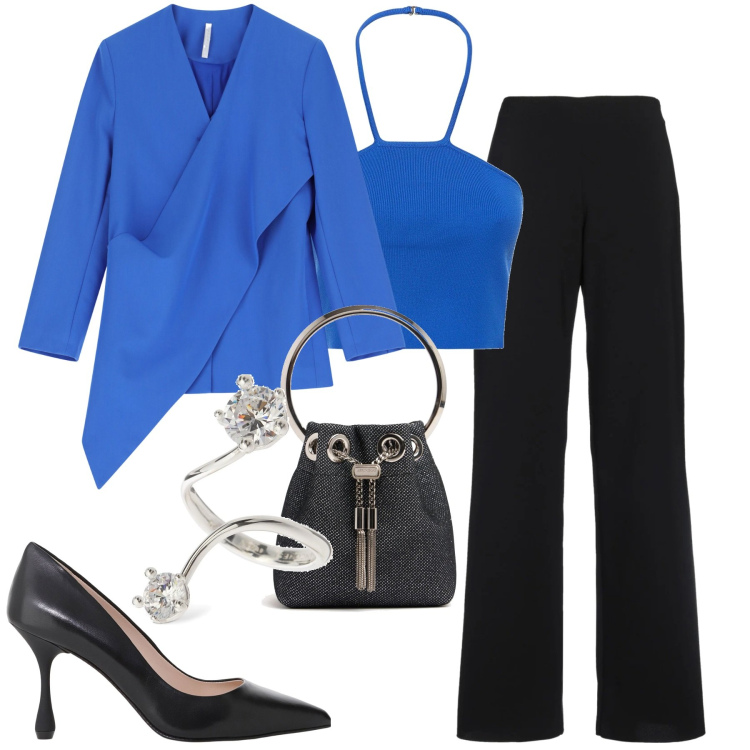 Outfit donna - Cerimonia. Stile Chic per Cerimonia. Abbinamento con pantaloni, blazer, décolleté, top, borse a spalla, anelli.