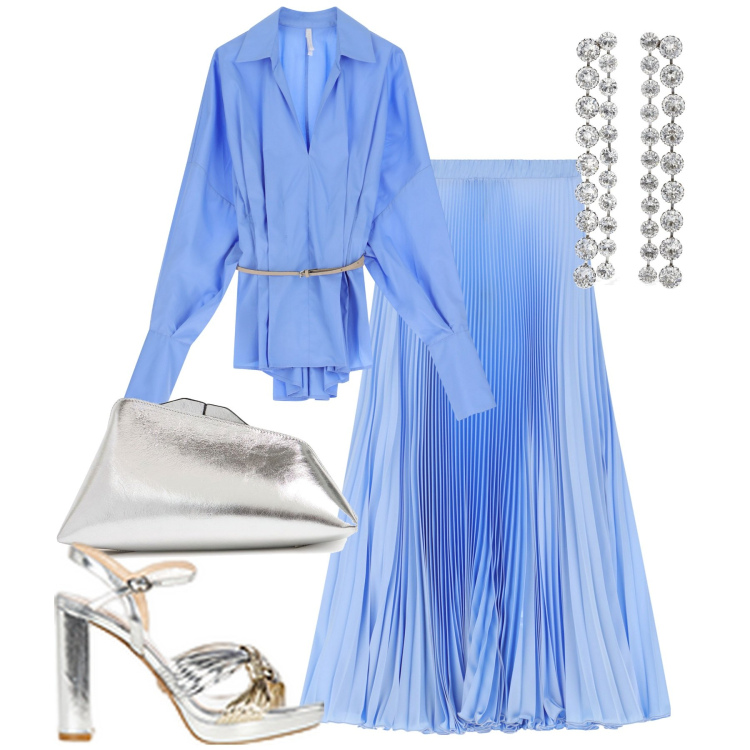 Outfit donna - Serata evento. Stile Chic per Serata fuori. Abbinamento con sandali in pelle, gonne lunghe, camicie, orecchini, pochette.