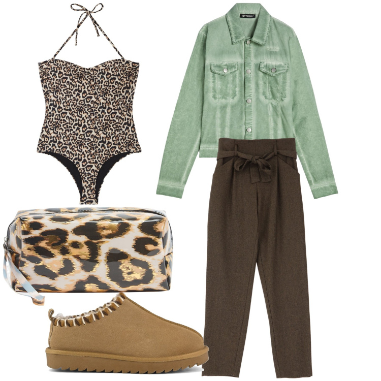 Outfit donna - Il costume top. Stile Glamour per Mare. Abbinamento con costumi interi, valigie, pantaloni, blazer, sabot.