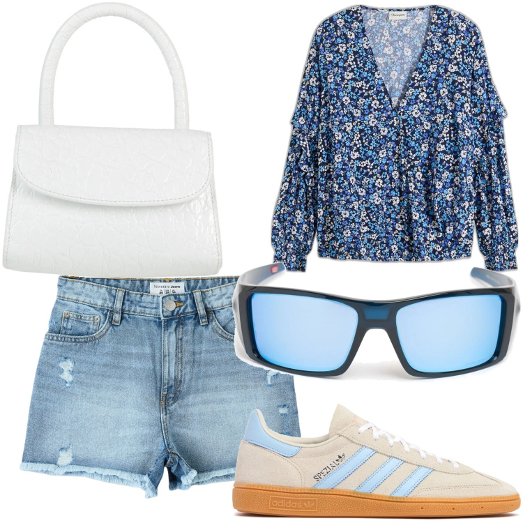 Outfit donna - Sabato andiamo al mare. Stile Casual chic per Mare. Abbinamento con bluse, borse a mano, shorts, occhiali da sole, sneakers.