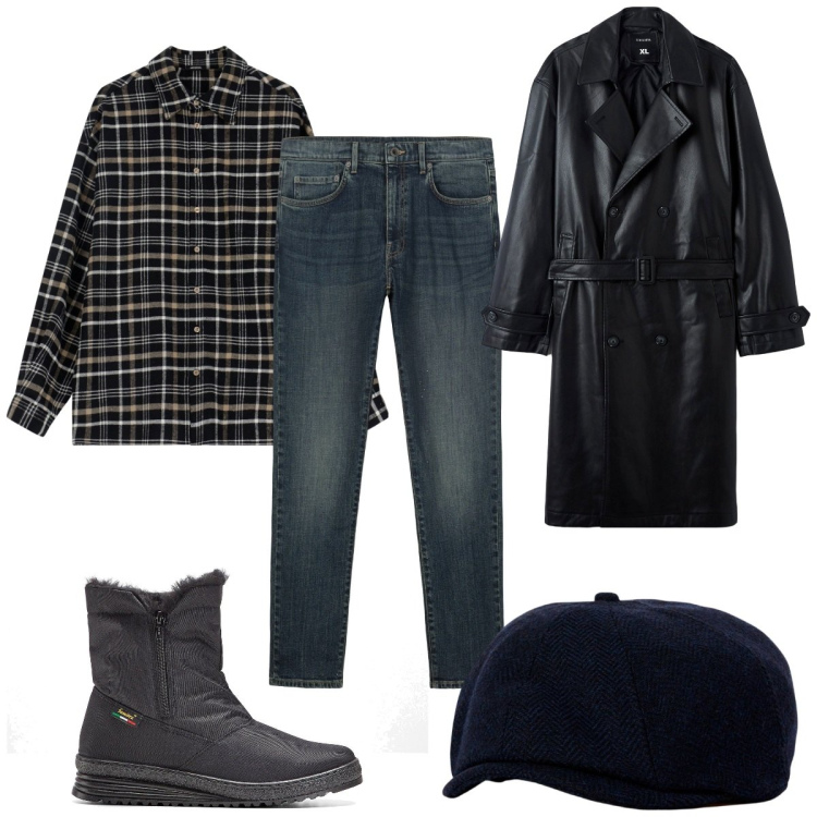Outfit uomo - Total look #2089259. Stile Trendy per Tutti i giorni. Abbinamento con stivali e stivaletti, trench, camicie, cappelli con visiera, jeans.