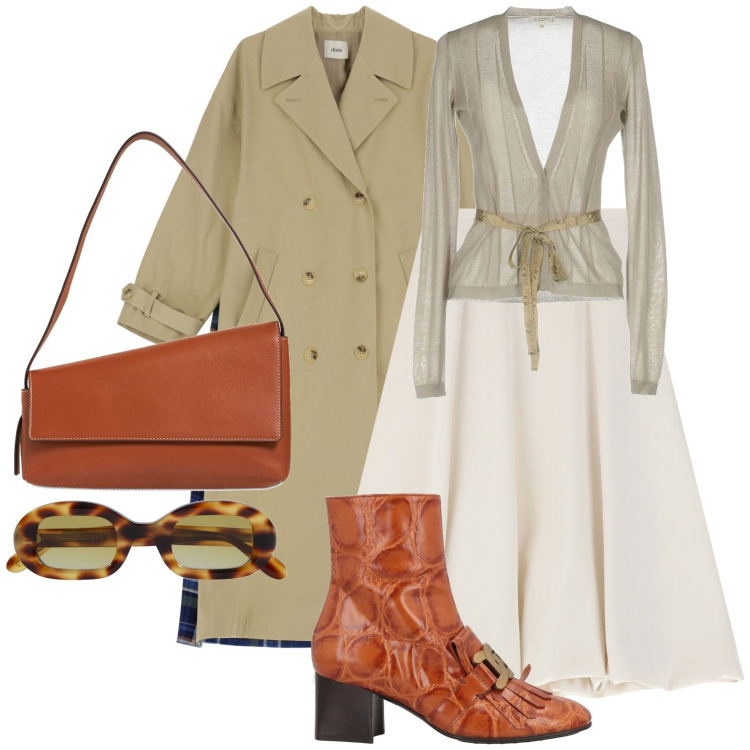 Outfit donna - La mezza stagione. Stile Urban per Tutti i giorni. Abbinamento con cardigans, stivaletti, gonne longuette, trench, occhiali da sole, borse a spalla.