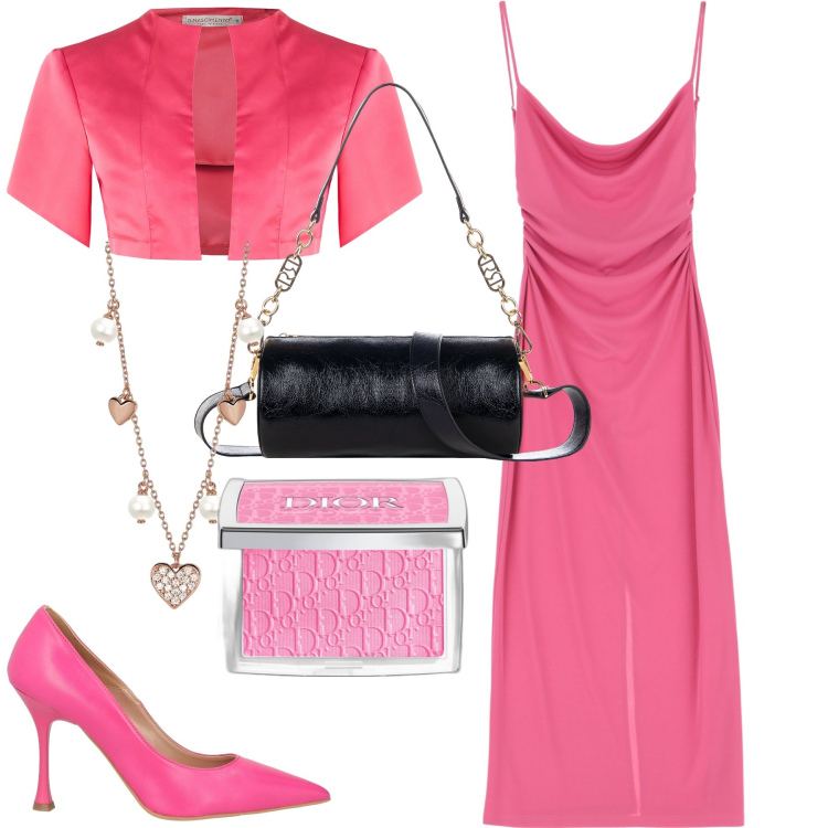 Outfit donna - Serata. Stile Glamour per Serata fuori. Abbinamento con décolleté, blush, collane, bolero, borse a mano, vestiti.