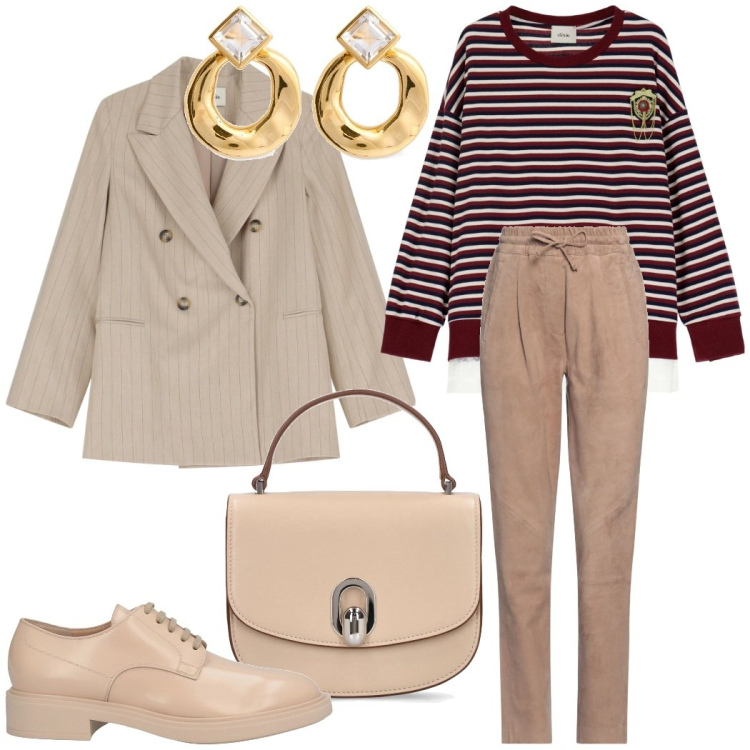 Outfit donna - Urban style. Stile Urban per Tutti i giorni. Abbinamento con scarpe stringate, pantaloni, blazer, felpe, orecchini, borse a mano.