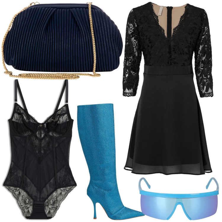 Outfit donna - Un po’ di colore. Stile Glamour per Serata fuori. Abbinamento con vestiti midi/longuette, body, stivali, pochette, occhiali da sole.