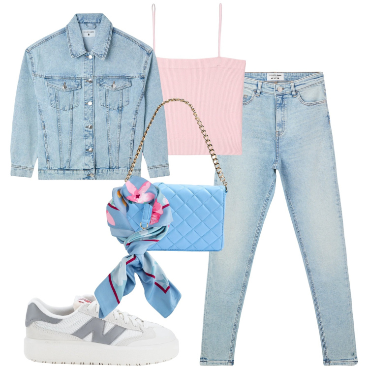 Outfit donna - City. Stile Casual per Tutti i giorni. Abbinamento con sneakers, jeans skinny, canottiere, borse a tracolla, cappotti, foulard.