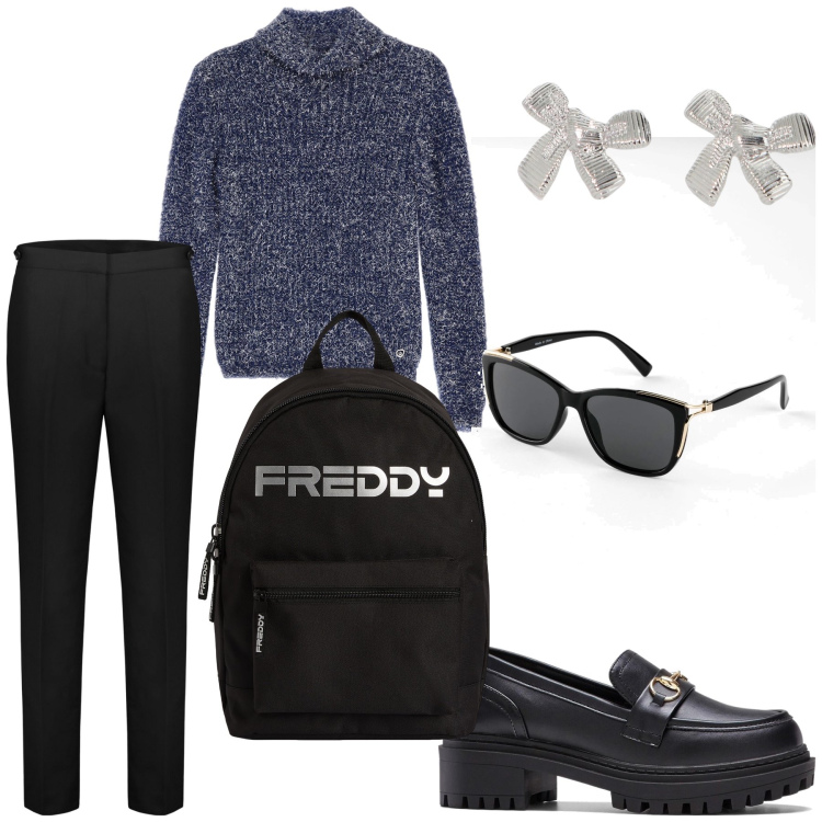 Outfit donna - Non sono lui. Stile Mannish per Tutti i giorni. Abbinamento con occhiali da sole, mocassini, maglieria, zaini, orecchini, pantaloni.