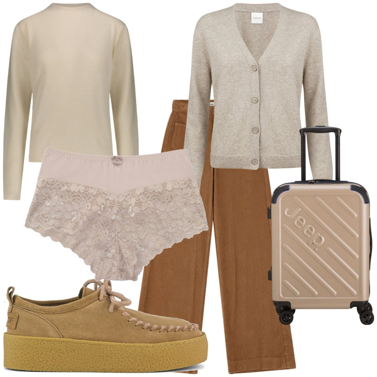 Outfit donna - Toni neutri viaggio breve. Stile Basic per Tutti i giorni. Abbinamento con culotte, pantaloni a palazzo, cardigans, pullovers, mocassini, valigie.