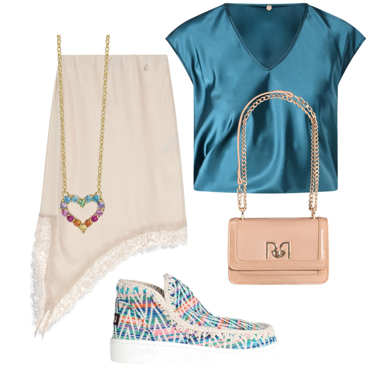 Outfit donna - Serata originalissima. Stile Trendy per Serata fuori. Abbinamento con stivaletti, gonne longuette, collane, bluse, borse a tracolla.