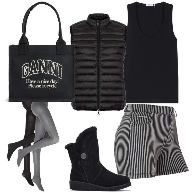 Outfit donna - Total look. Stile Basic per Tutti i giorni. Abbinamento con collant, stivali, top, shorts, piumini, shopping bag.