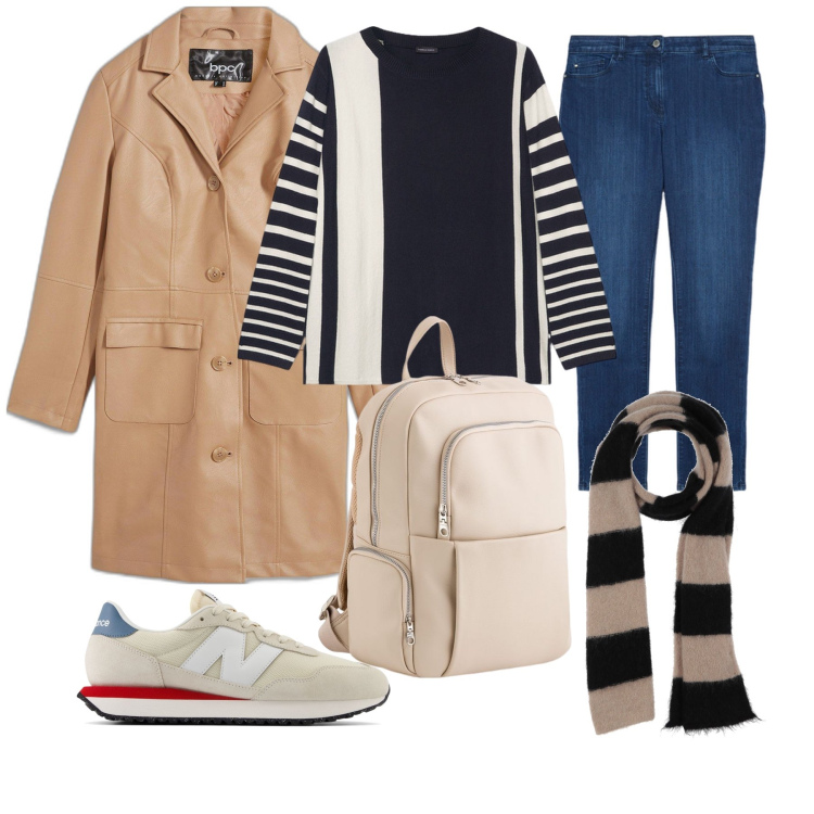 Outfit donna - Righe col beige. Stile Casual per Tutti i giorni. Abbinamento con blazer, sciarpe, sneakers, jeans skinny, maglieria, zaini.