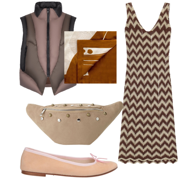 Outfit donna - Zig zag. Stile Trendy per Tutti i giorni. Abbinamento con ballerine, sciarpe, vestiti midi/longuette, marsupi, piumini.