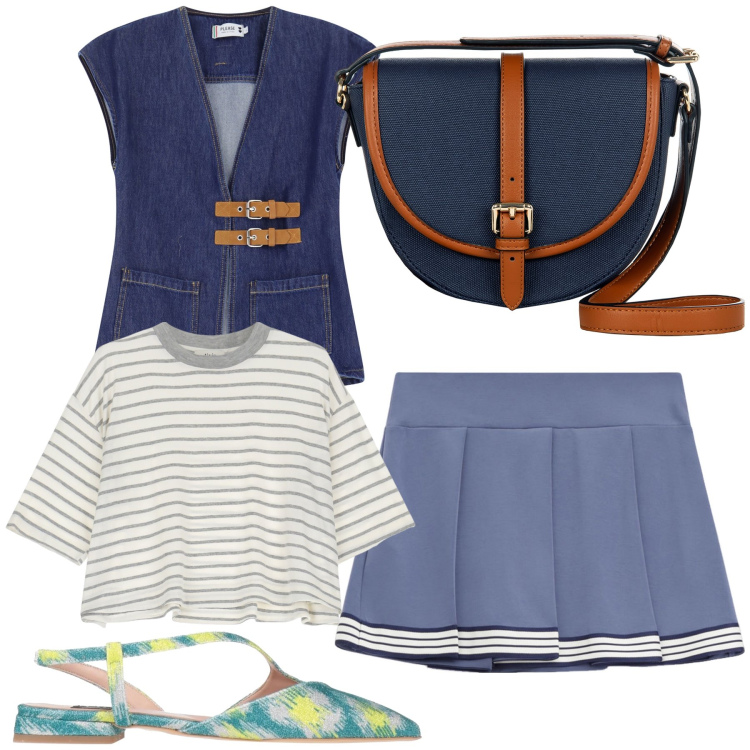 Outfit donna - Girl bon ton. Stile Preppy per Tutti i giorni. Abbinamento con ballerine, borse a tracolla, gilet, minigonne, t-shirt.