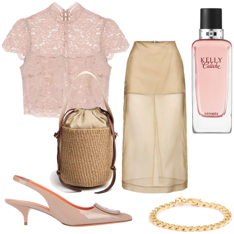 Outfit donna - Lace and gold. Stile Glamour per Cerimonia. Abbinamento con décolleté, profumi, top, gonne longuette, borse a mano, braccialetti.