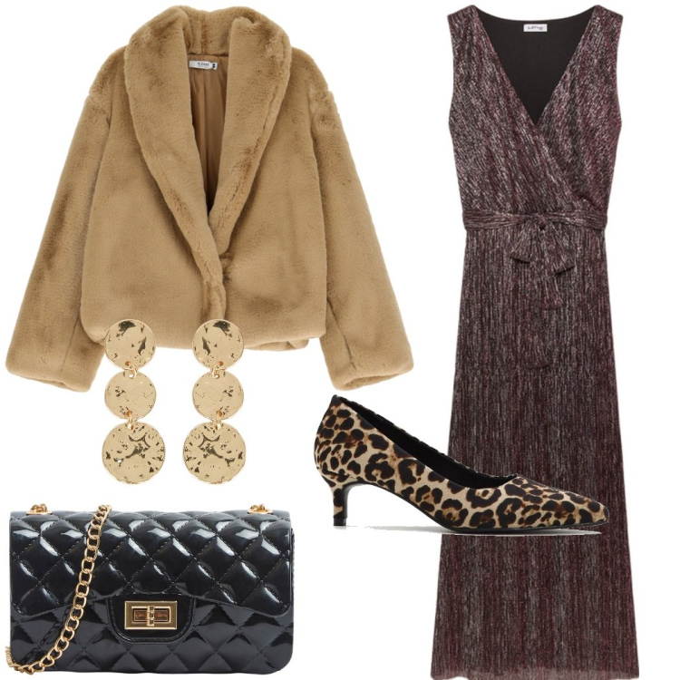 Outfit donna - Serata evento. Stile Glamour per Serata fuori. Abbinamento con décolleté, borse a tracolla, ecopellicce, vestiti lunghi, orecchini.