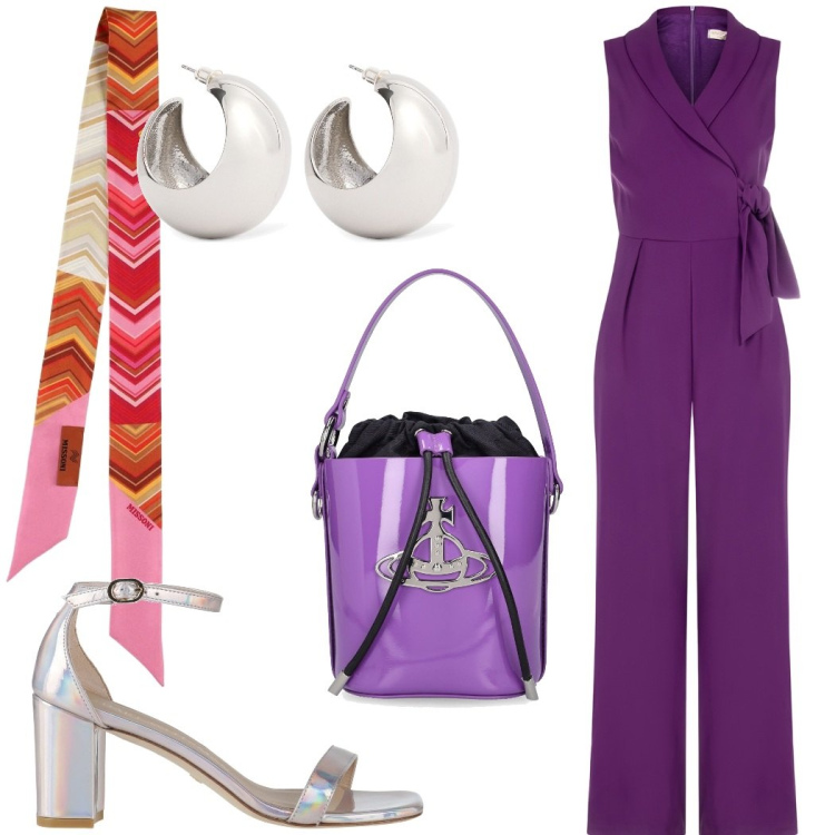 Outfit donna - La tuta chic. Stile Chic per Cerimonia. Abbinamento con sandali col tacco, tute, borse a mano, orecchini, foulard.