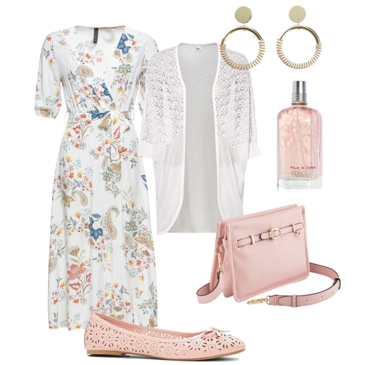 Outfit donna - Primavera romantica. Stile Romantica per Tutti i giorni. Abbinamento con cardigans, vestiti midi/longuette, ballerine, orecchini, profumi, borse a tracolla.