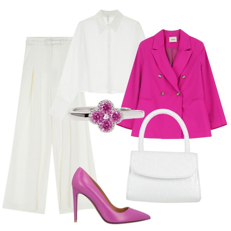 Outfit donna - Un tocco di fucsia in ufficio. Stile Glamour per Ufficio. Abbinamento con décolleté, borse a mano, anelli, pantaloni, camicie, blazer.