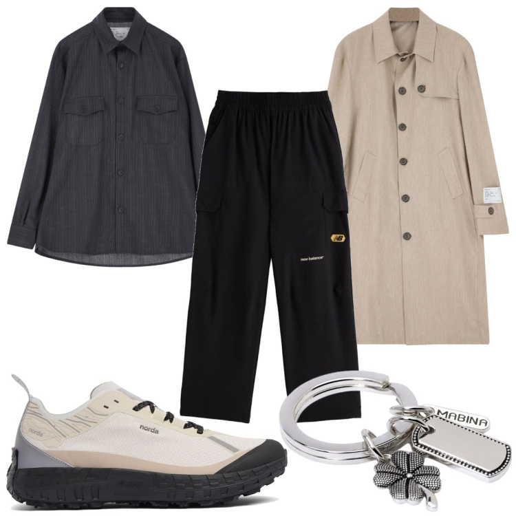 Outfit uomo - Total look #2089335. Stile Casual per Tutti i giorni. Abbinamento con portachiavi, pantaloni, trench, camicie, sneakers.