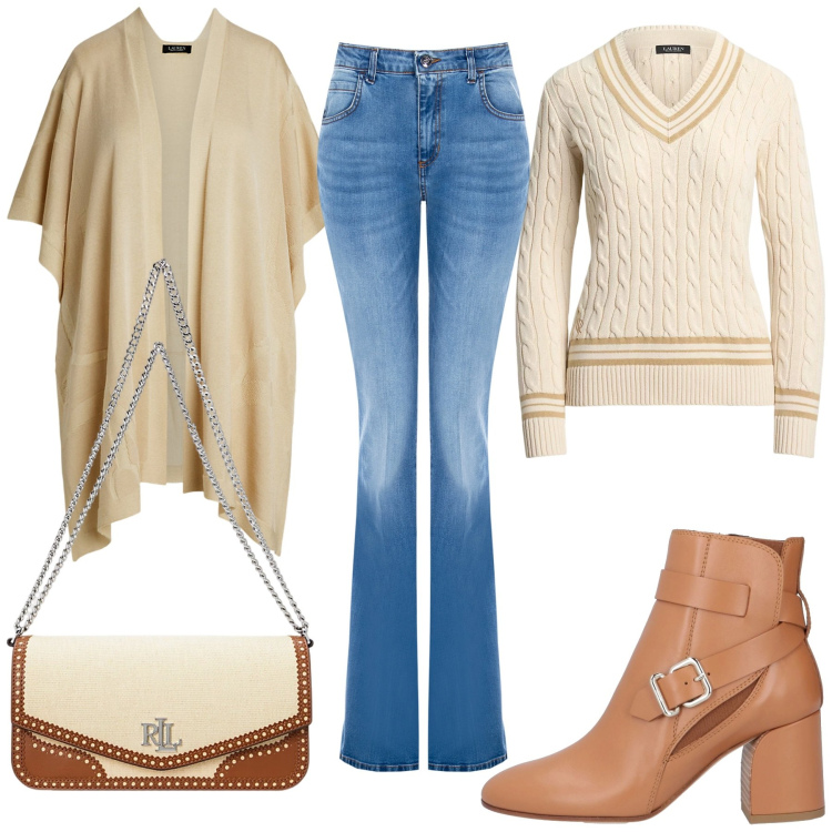 Outfit donna - Total look #2089337. Stile Casual chic per Tutti i giorni. Abbinamento con stivaletti, jeans a zampa, maglieria, borse a spalla, cappe.