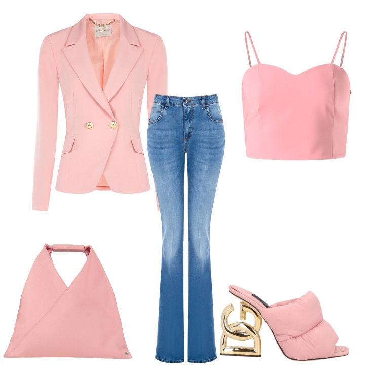 Outfit donna - In rosa. Stile Casual chic per Serata fuori. Abbinamento con borse a mano, sandali in pelle, canottiere, blazer, jeans a zampa.