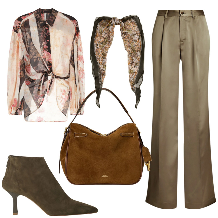 Outfit donna - Total look #2089342. Stile Casual chic per Ufficio. Abbinamento con camicie, stivaletti, borse a mano, pantaloni, foulard.