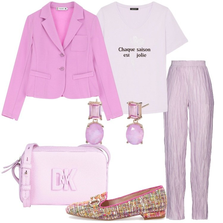 Outfit donna - I colori della rinascita Donna Curvy. Stile Casual chic per Ufficio. Abbinamento con pantaloni, borse a tracolla, orecchini, blazer, mocassini, t-shirt.