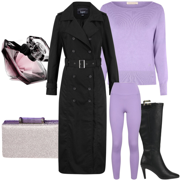 Outfit donna - Serata leggings. Stile Glamour per Serata fuori. Abbinamento con trench, stivali, profumi, maglieria, pochette, leggings.