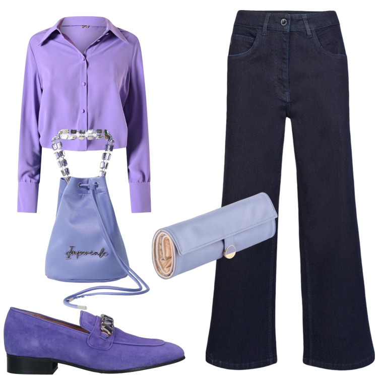 Outfit donna - Total look #2089347. Stile Casual per Tutti i giorni. Abbinamento con mocassini, borse a secchiello, camicie, pantaloni, portafogli.