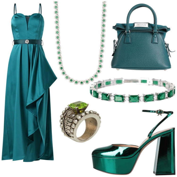 Outfit donna - Total look #2089353. Stile Glamour per Cerimonia. Abbinamento con anelli, décolleté, borse a mano, collane, braccialetti, vestiti lunghi.