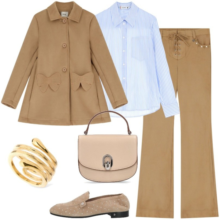 Outfit donna - Coordinato cognac in suede. Stile Trendy per Ufficio. Abbinamento con mocassini, camicie, cappotti, pantaloni, anelli, borse a mano.