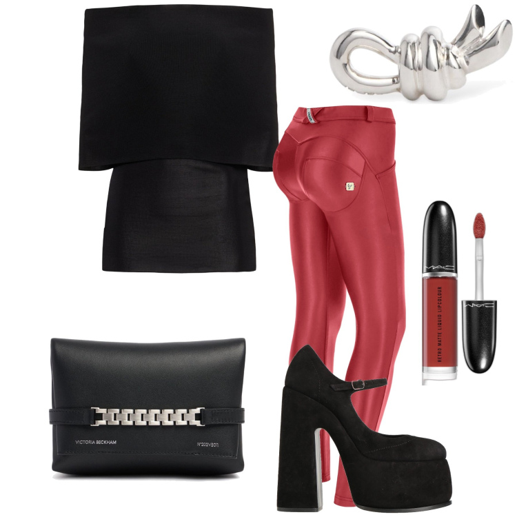 Outfit donna - Sexy aperitivo. Stile Sexy per Serata fuori. Abbinamento con décolleté, rossetti, pantaloni skinny, top, orecchini, pochette.