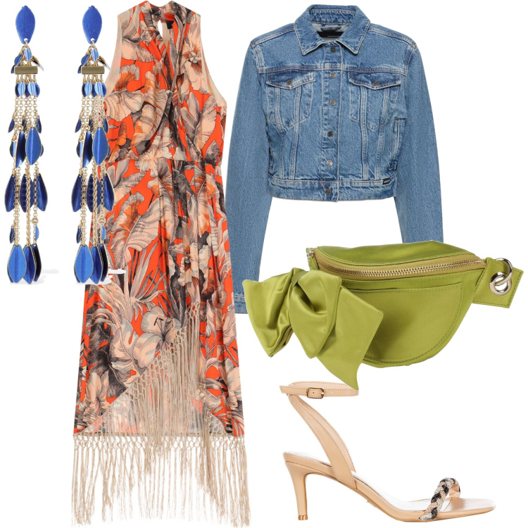Outfit donna - La primavera a colori. Stile Glamour per Serata fuori. Abbinamento con marsupi, sandali in pelle, vestiti midi/longuette, orecchini, blazer.