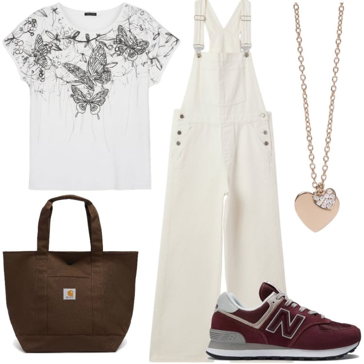 Outfit donna - Urban style. Stile Casual chic per Tutti i giorni. Abbinamento con t-shirt, ciondoli, salopette, sneakers, borse tote.
